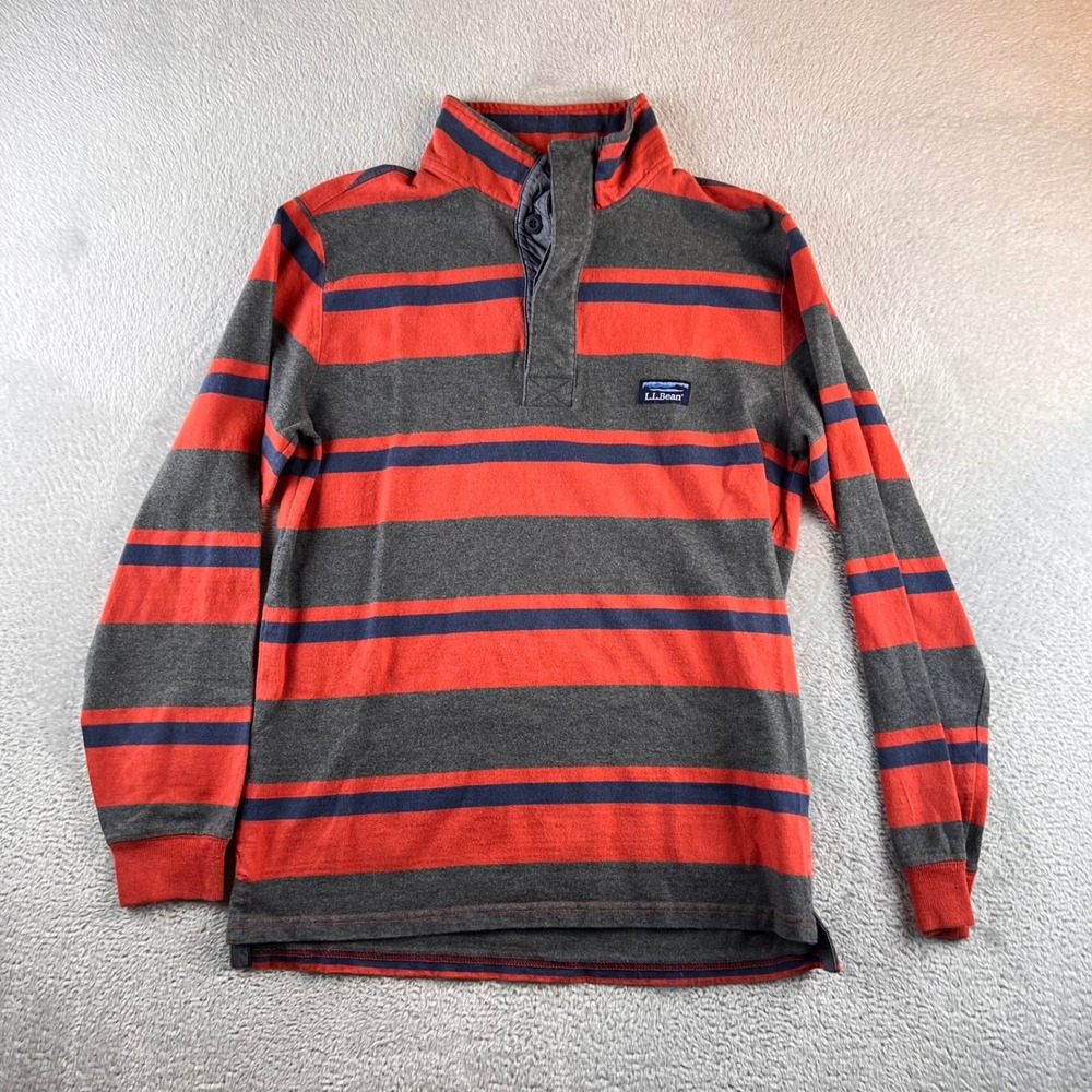 LL Bean Mens Small Regular Rugby Shirt Striped Mock Neck 1/4 Button Pullover Red